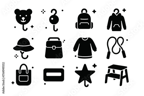 Kids Room Hooks Icons. Kids room hooks. Solid icons set of Kids room hooks: animal-shaped hook, colorful knob, backpack, hoodie, sun hat, lunch bag, art smock,