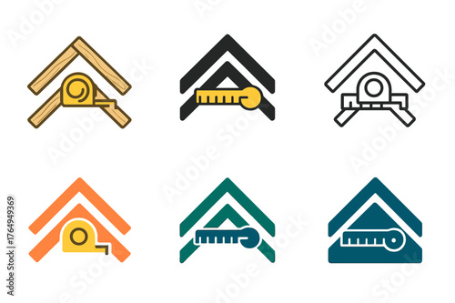 Attic Insulation Logos. Attic insulation. Set Logo of Attic insulation: measuring tape across joists. harmonious logo variations of the same emblematic