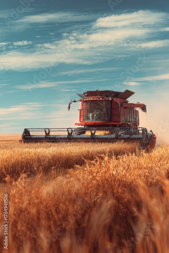 Modern Combine Harvesting Dry Rice Field Under Clear Sky