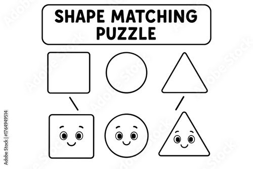 Shape Matching Puzzle. Shape matching puzzle children?s coloring book illustration, outlined drawing, square, circle, and triangle puzzle pieces matching with