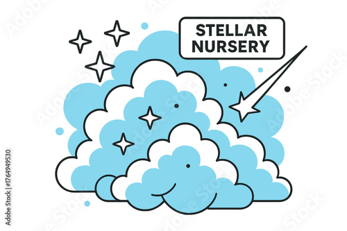 Stellar Nursery Art. Nebula ? Stellar Nursery. Gas clouds billow like cotton candy as tiny star icons ignite; a floating tag reads ?Stellar Nursery.?