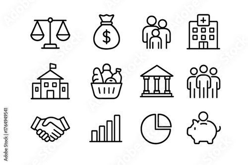 Social Welfare Icons. Social welfare economics. Line icon set of social welfare economics: scale balance, money bag, family, hospital, school, food basket,