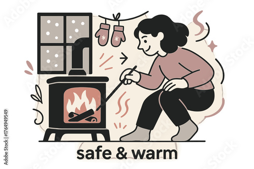 Cozy Winter Retreat. Keeper of the Hearth ? Winter Shelter. Snow taps the window while the stove glows; mittens dry on a simple line. Caption ?safe & warm?.