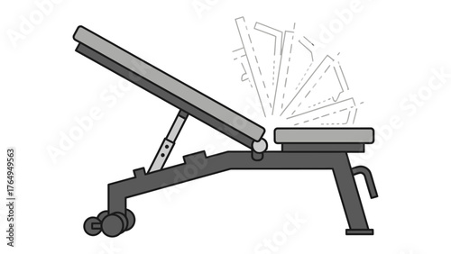 Gym Bench: An illustration of a gym bench demonstrates adjustable angles for diverse workout positions, emphasizing versatility and exercise options.
