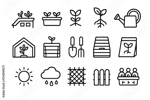 Rooftop Agriculture Icons. Rooftop agriculture. Line icon set of rooftop agriculture: rooftop garden, planter box, vegetable plant, watering can, greenhouse,