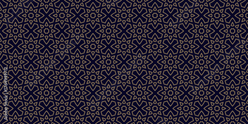 Luxury islamic geometric seamless pattern with golden arabesque star motifs and oriental lattice. Elegant black background texture with linear ethnic ornament design. Repeat decor for textile, print