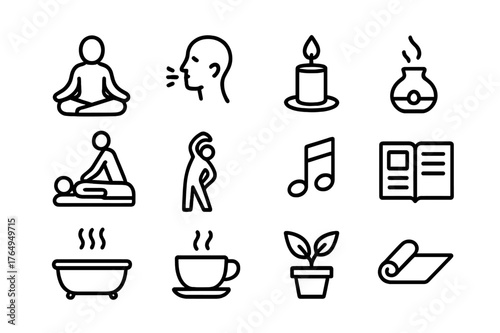 Relaxation Techniques Icons. Relaxation techniques. Line icon set of relaxation techniques: meditation pose, deep breathing, candle, aromatherapy, massage,