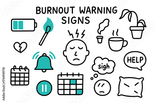 Burnout Warning Doodles. // Burnout warning signs. Hand-drawn doodle illustration Burnout warning signs [battery empty (accented), flame-out match (accented),