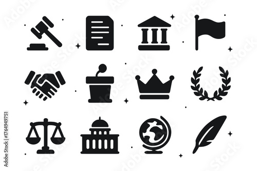 Legislation Icon Set. Legislation. Solid icons set of Legislation: gavel, document, government building, flag, handshake, podium, crown, laurel wreath, scales