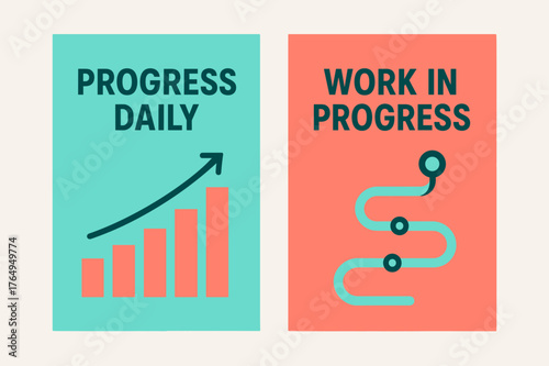 Progress Banners Design. Progress daily. Two vertical A6 banners with safe margins, centered composition, no elements touching edges, modern, turquoise and