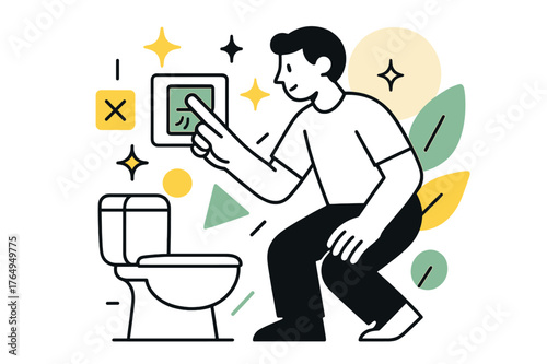 Modern Toilet Flush. Toilet Flush Button. Person pressing modern toilet flush button with floating abstract geometric shapes and light accents, hygienic and