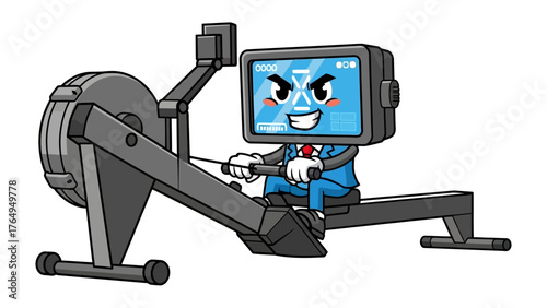 Rowing machine Cartoon: This animated character with a screen head, engaged in rowing exercise, represents the integration of technology and health, symbolizing the need for a good exercise
