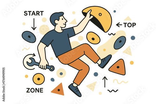 Climbing Route Creation. Route Setter at Work. A wrench spins as a setter places a bright sloper; arrows label ?Start / Zone / Top.? Holds float in a playful