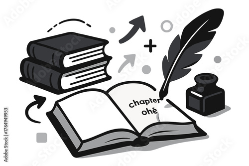 Antique Writer's Desk. Antique Books ? Writer?s Desk. Ink bottle, feather pen, and open ledger with soft shadows. A subtle note reads ?chapter one?. Modern