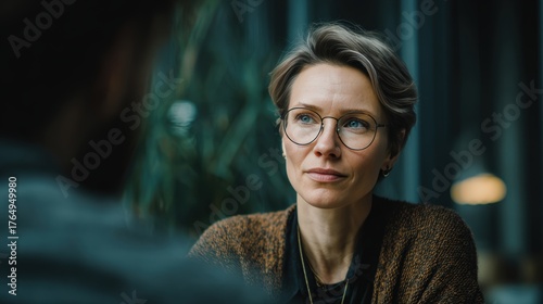 Scandinavian Therapist Interviewing Client in Modern Calm Setting