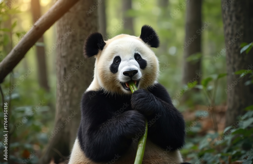 Fototapeta premium Giant Panda eats fresh bamboo shoot with focus. Large bear sits happily in natural green forest habitat. Wild animal enjoys natural meal outdoors. Important conservation, nature protection efforts.