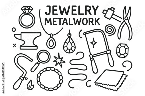 Jewelry Tools Sketch. Jewelry metalwork. Hand-drawn doodle illustration jewelry metalwork ring, necklace, hammer, pliers, anvil, wire, pendant, gemstone, saw,