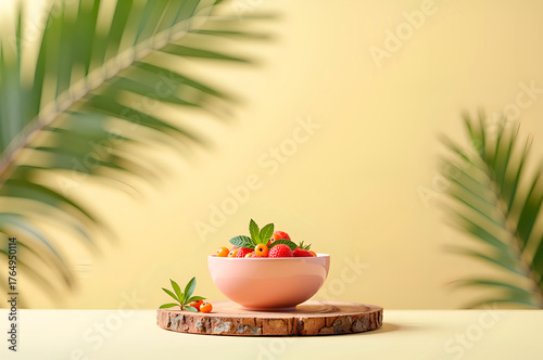 Fresh Berries in Ceramic Bowl on Wooden Slice with Tropical Leav