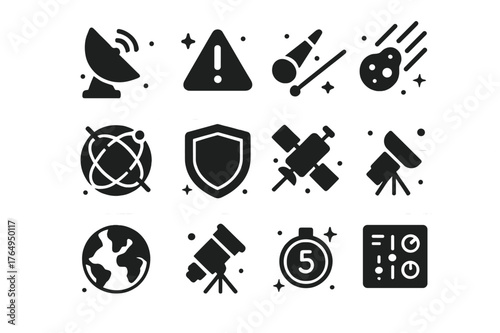 Planetary Defense Icons. Planetary defense and meteors. Solid icons set of Planetary defense and meteors: radar dish, warning alert, asteroid path, laser