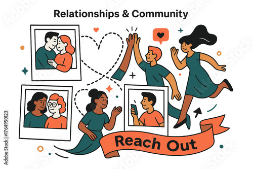 Connected Moments. Vision Board ? Relationships & Community. Polaroids show shared moments; dotted heart lines connect photos in a loop. Caption ?Reach Out?