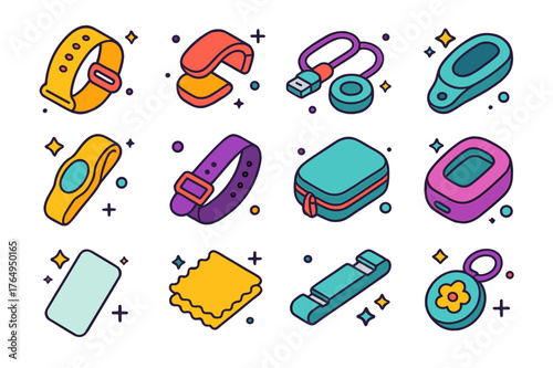 Colorful Accessory Icons. Wearable accessories. Colorful isometric vector icons set of Wearable accessories: watch band, magnetic clasp, charging cable,
