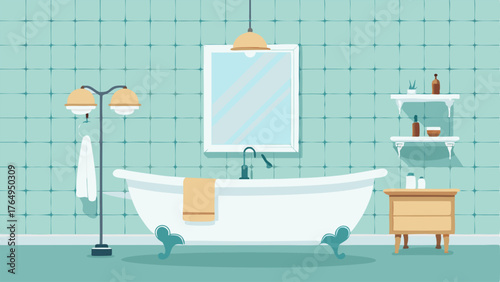 A bright and airy bathroom with a clawfoot tub a white subway tile shower and a vintage vanity.