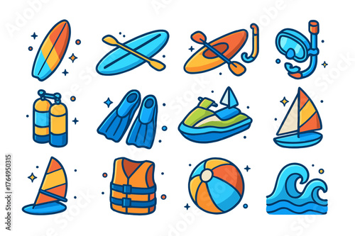 Seaside Activity Icons. Seaside activities. Colorful isometric vector icons set of seaside activities: surfboard, paddleboard, kayak, snorkeling, scuba tank,