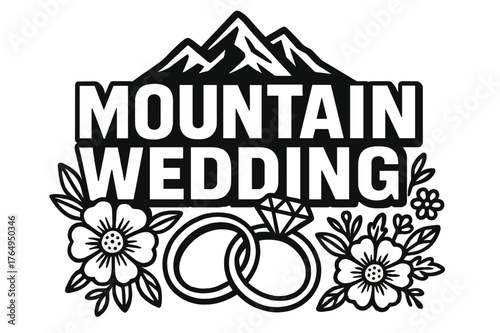 Mountain Wedding Design. Bold Block Lettering ? "Mountain Wedding" in massive bold geometric letters, stacked block composition, heavy outlines with subtle
