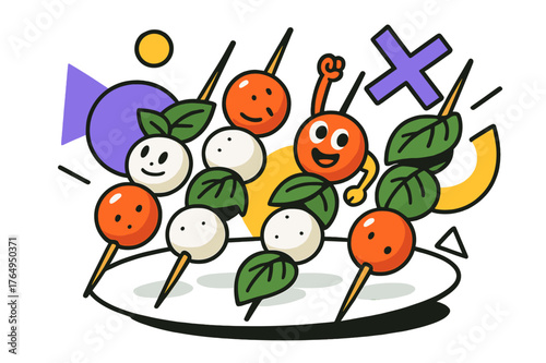 Vibrant Caprese Skewers. Caprese Skewers. Skewers arranged on a platter with cherry tomatoes, mozzarella, basil, and floating abstract geometric shapes,