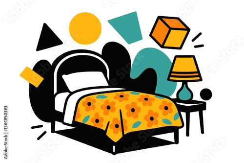 Retro Bedroom Aesthetic. Vintage and Retro Home Decor. Bedroom with vintage bedspread, retro lamp, and floating abstract geometric shapes, cozy and nostalgic