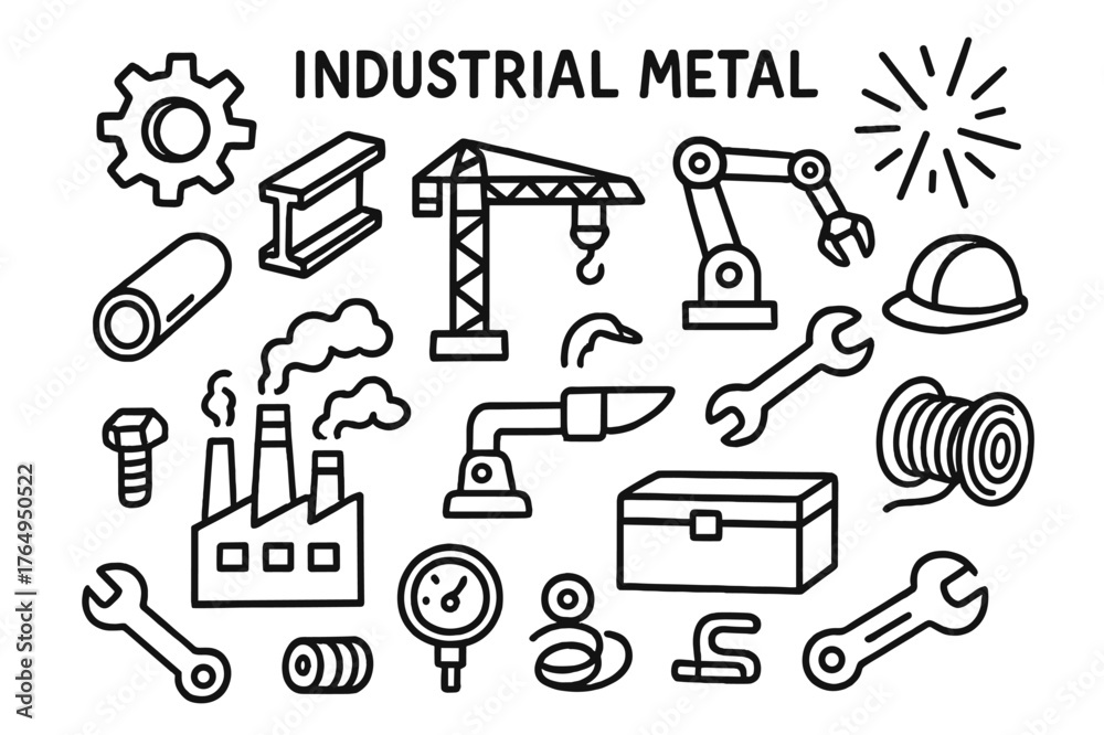 Obraz premium Industrial Doodle Elements. Industrial metal. Hand-drawn doodle illustration industrial metal factory, gear, steel pipe, beam, crane, machine arm, bolt,