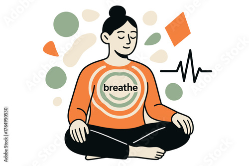 Calm Therapy Vibes. Somatic Therapy Session. A calm figure sits with eyes closed, gentle waves radiate from the chest labeled ?breathe.? Floating shapes mirror