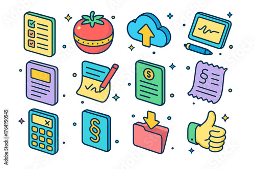 Colorful Gig Tools Icons. Gig worker tools. Colorful isometric vector icons set of Gig worker tools: to-do checklist, pomodoro timer, cloud storage,