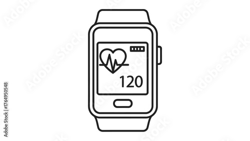 Health Tracker: A smartwatch with a heartbeat monitor shows a reading of 120 beats per minute, representing the real time health, fitness, and heart condition of a wearer.