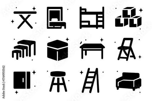 Tiny Living Solutions. Tiny Living Hacks. Solid icons set of Tiny Living Hacks: foldable furniture, wall bed, loft bed, modular shelves, nesting tables,