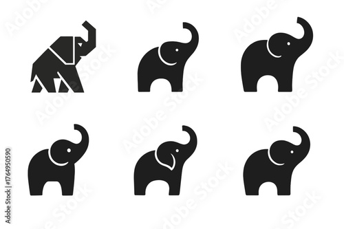 Elephant Logo Variations. Elephant Performance. Set Logo of Elephant Performance: elephant raising trunk. harmonious logo variations of the same emblematic