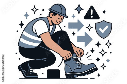 Safety Boots Fashion. Boot. Worker putting on safety boots at construction site with abstract floating arrows, icons, and sparkles; conveys protection, work