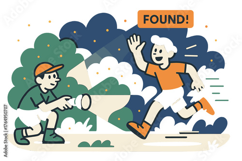 Dusk Flashlight Hunt. Flashlight Seek at Dusk. Cones of light sweep between hedges as firefly dots drift. A crisp tag reads ?Found!? near a raised hand and