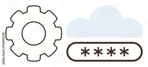 Gear for settings, cloud for online storage, and password field with asterisks for cybersecurity. Ideal for data safety, cloud computing, protection, privacy, technology, IT systems user access