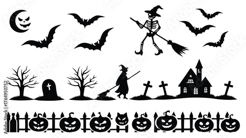 Halloween Haunted House Silhouette Bats Skeleton Witch Pumpkins Graveyard