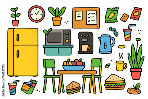 Office Kitchen Doodle. office kitchen. Colorful Hand-drawn doodle Children illustration office kitchen fridge, microwave, coffee machine, kettle, table,