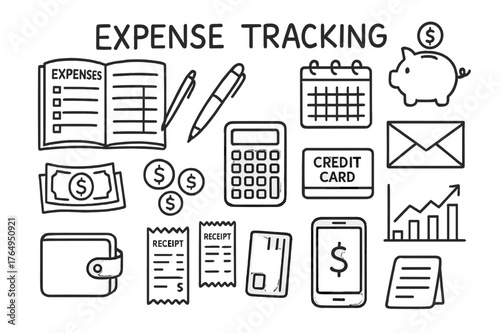 Expense Tracking Doodle. Expense Tracking. Hand-drawn doodle illustration Expense Tracking ledger, pen, coins, bills, calculator, calendar, wallet, credit