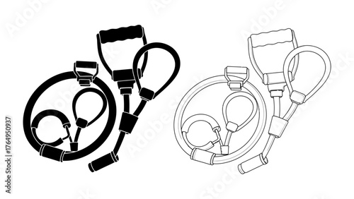 Resistance Band Fitness Gear: Demonstrating strength training tools, this monochrome image highlights the sleek design and functionality of the resistance bands used in a variety of exercises.