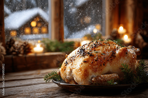 Golden truffled French Christmas capon with roasted vegetables and herbs
