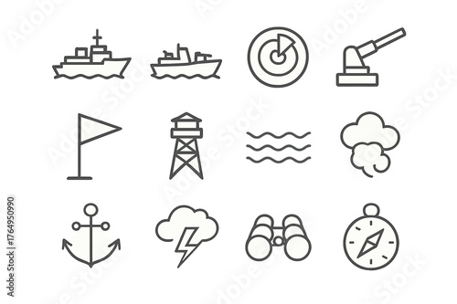 Naval Fleet Icons. Naval fleet. Line icon set of naval fleet: warship, destroyer, radar, cannon, flag, lookout tower, ocean waves, smoke, anchor, storm clouds,