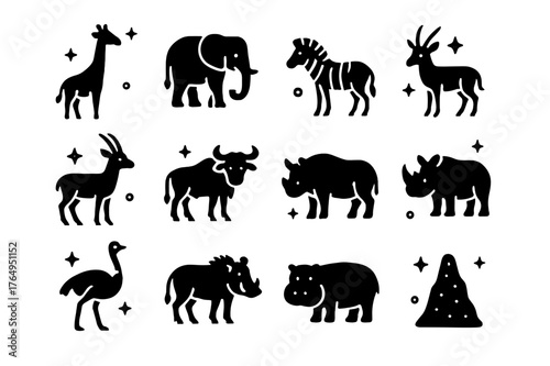 Savanna Icons Grid. Savanna Herbivores. Solid icons set of Savanna Herbivores: giraffe, elephant, zebra, antelope, gazelle, wildebeest, buffalo, rhino,
