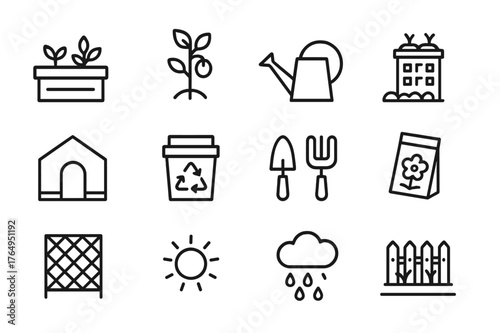 Urban Farming Icons. City farming. Line icon set of city farming: planter box, vegetable plant, watering can, rooftop garden, greenhouse, compost