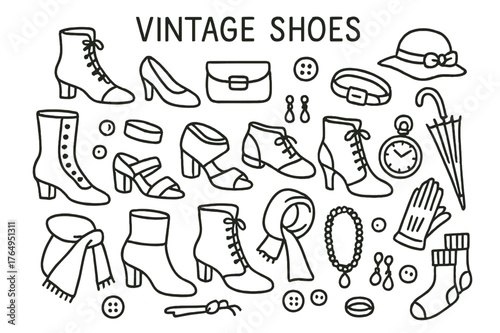 Vintage Shoe Doodle Art. Vintage Shoes. Hand-drawn doodle illustration Vintage Shoes boots, heels, loafers, sandals, laces, buttons, belt, handbag, scarf, hat,