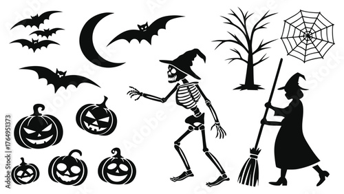 Halloween Skeleton Witch Pumpkins Bats Moon Tree Spooky Illustration