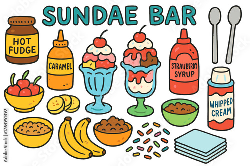 Colorful Sundae Bar. Sundae bar. Colorful Hand-drawn doodle Children illustration Sundae bar sundae glasses, hot fudge jar, caramel sauce bottle, strawberry
